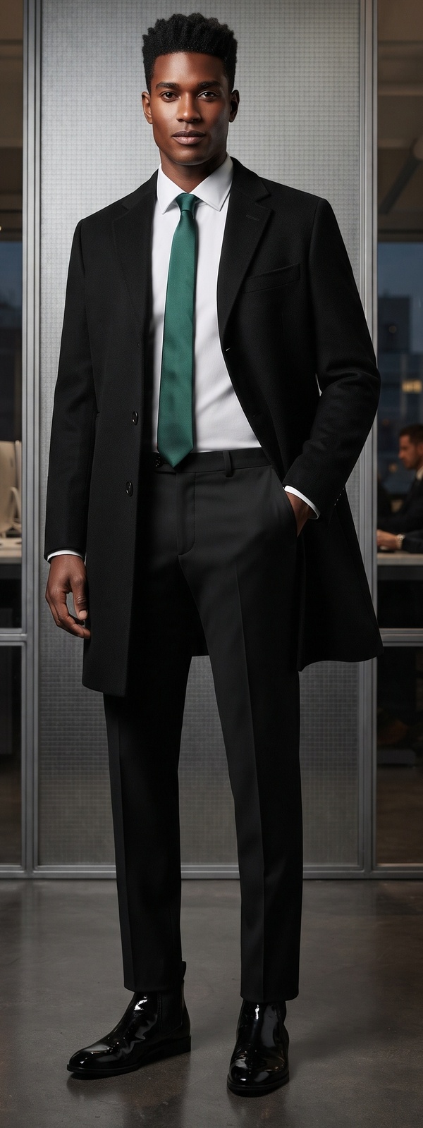 Black Tailored Overcoat with Emerald Silk Tie and Patent Chelsea Boots