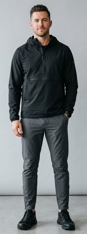 Matte Black Technical Half-Zip Anorak with Charcoal Commuter Pants and Black Trail Sneakers