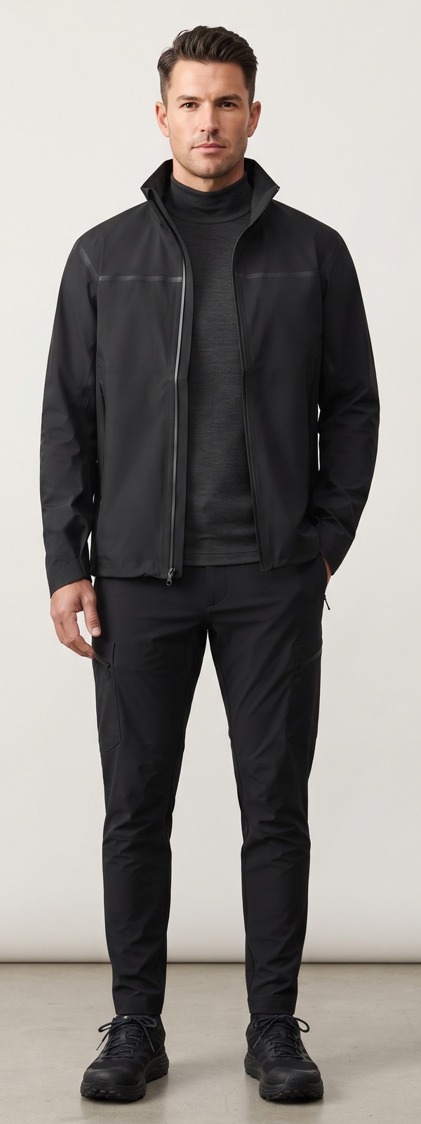 Black Technical Softshell Jacket Mock Neck and Black Cargo Pants Look