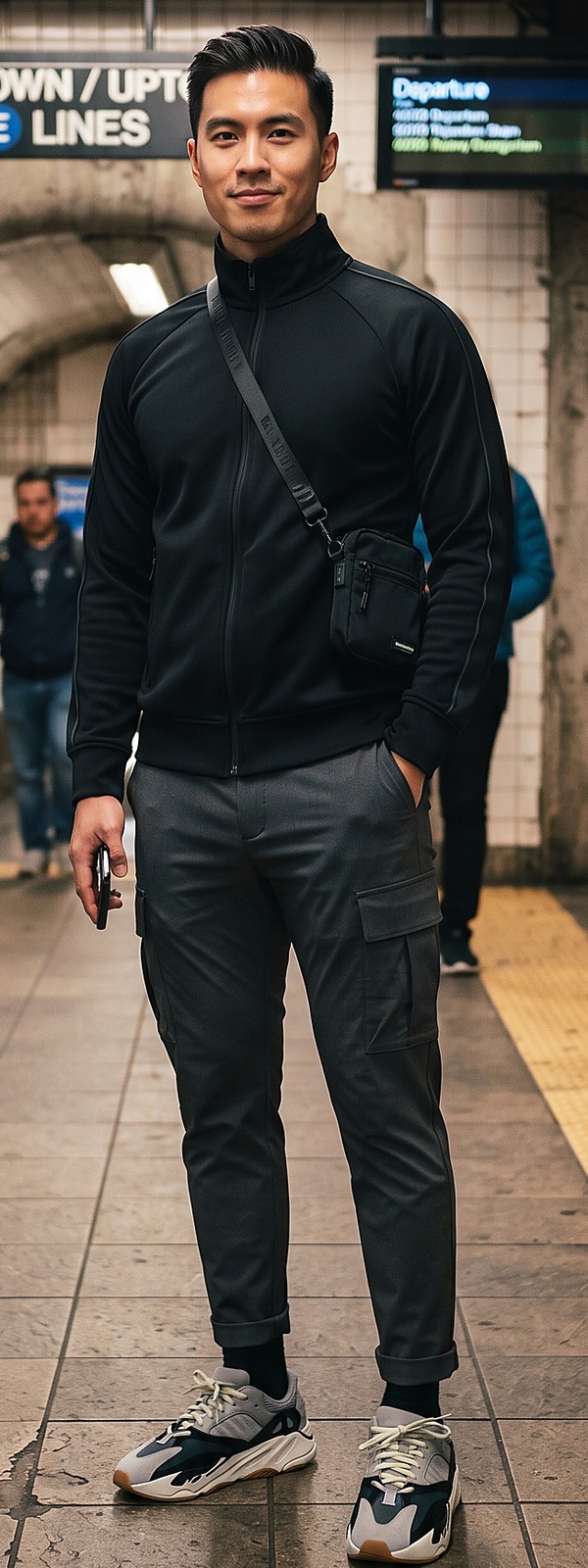 Minimalist Black Track Jacket and Charcoal Cargo Pants Subway Look