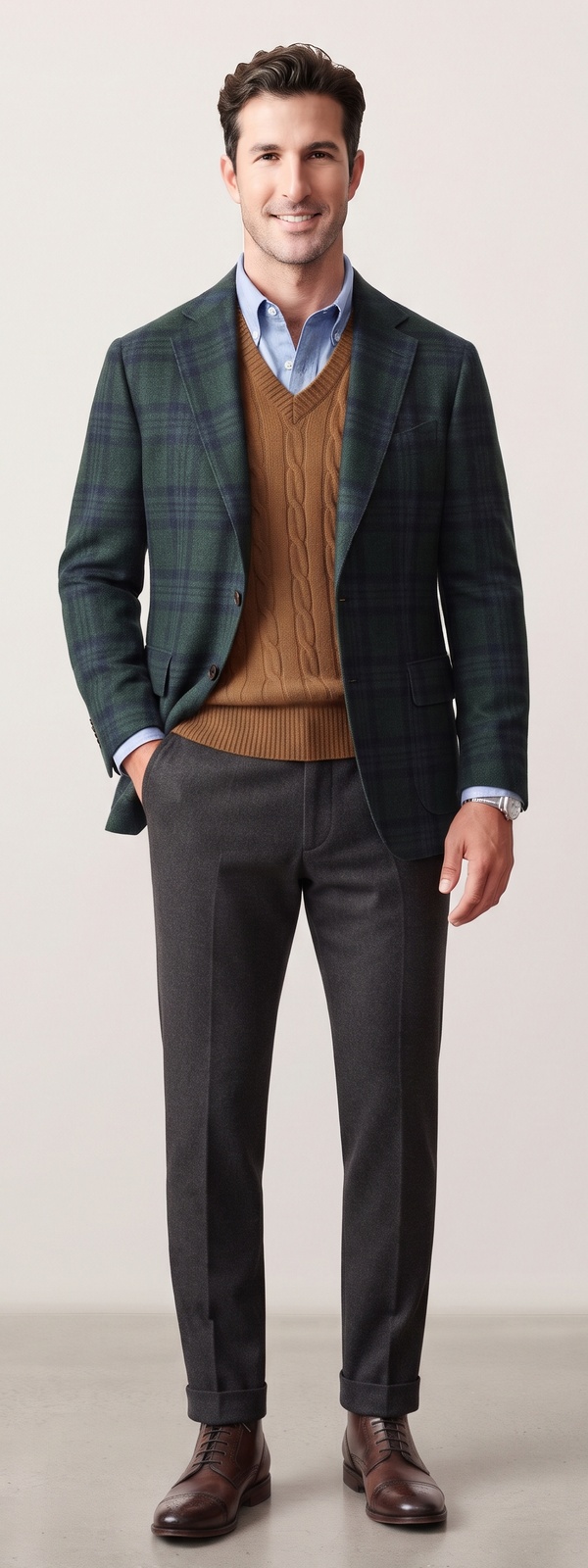 Classic Scottish Black Watch Plaid Blazer Camel Cable Knit Vest and Flannel Pants Look