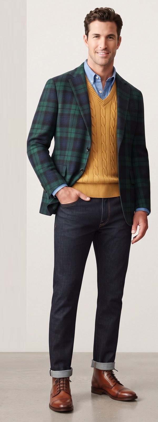 Scottish Black Watch Tartan Wool Blazer Mustard Cable Vest and Selvedge Denim Look