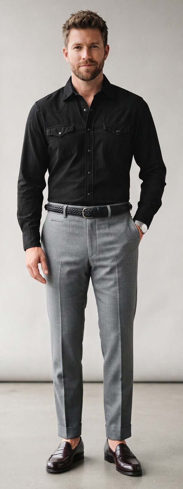 Black Western Snap Shirt With Grey Wool Flannel Dress Pants and Burgundy Loafers