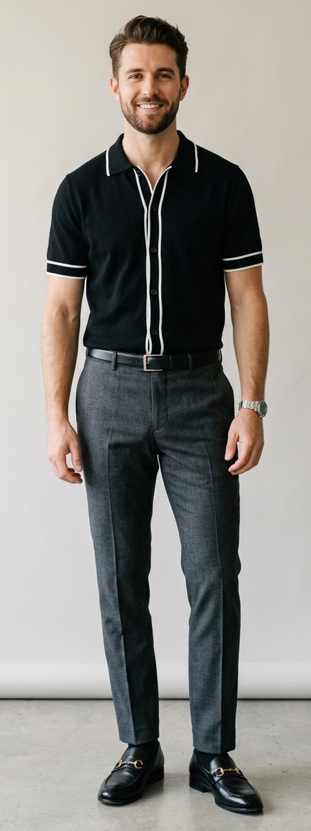 Black Button-Through Knit Polo with White Tipping and Charcoal Wool Dress Pants