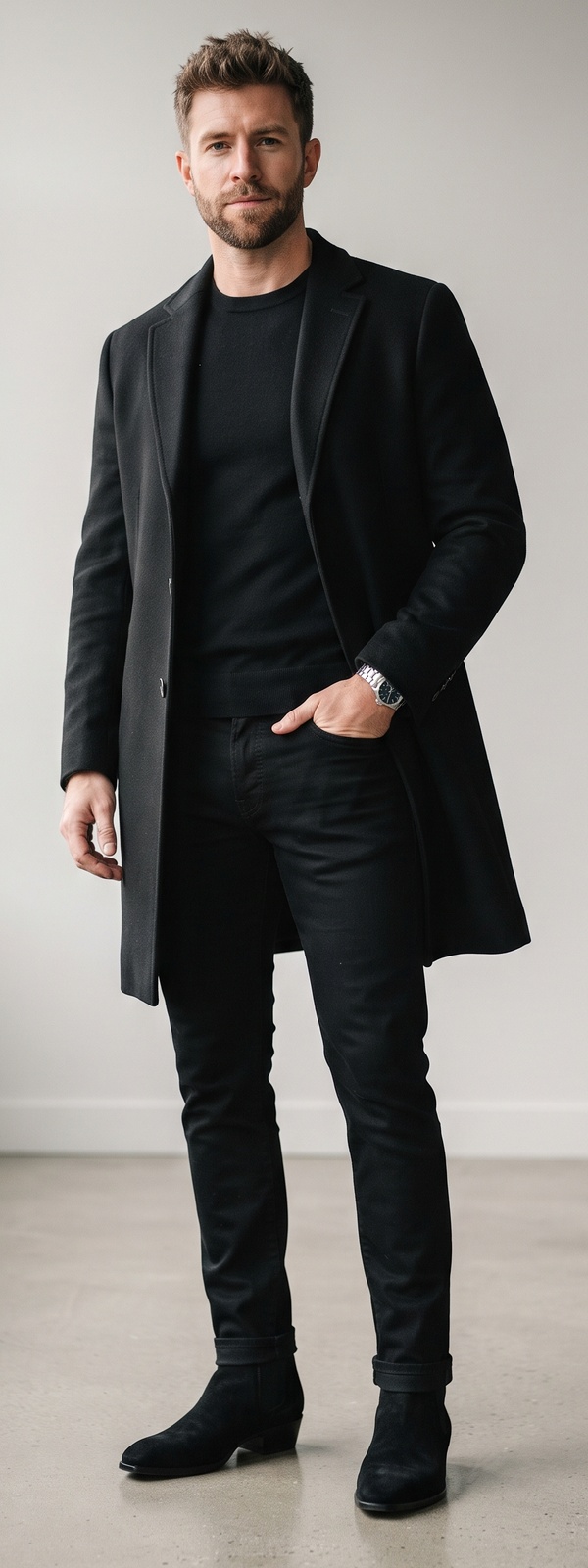 Monochrome Black Wool Overcoat With Crewneck Sweater and Suede Chelsea Boots