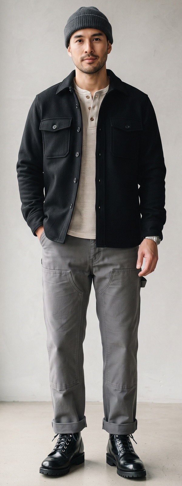 Black Wool Overshirt Jacket with Waffle Henley and Grey Carpenter Pants
