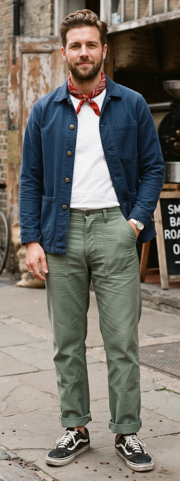 Urban Coffee Roastery Blue Chore Jacket and Red Bandana Look