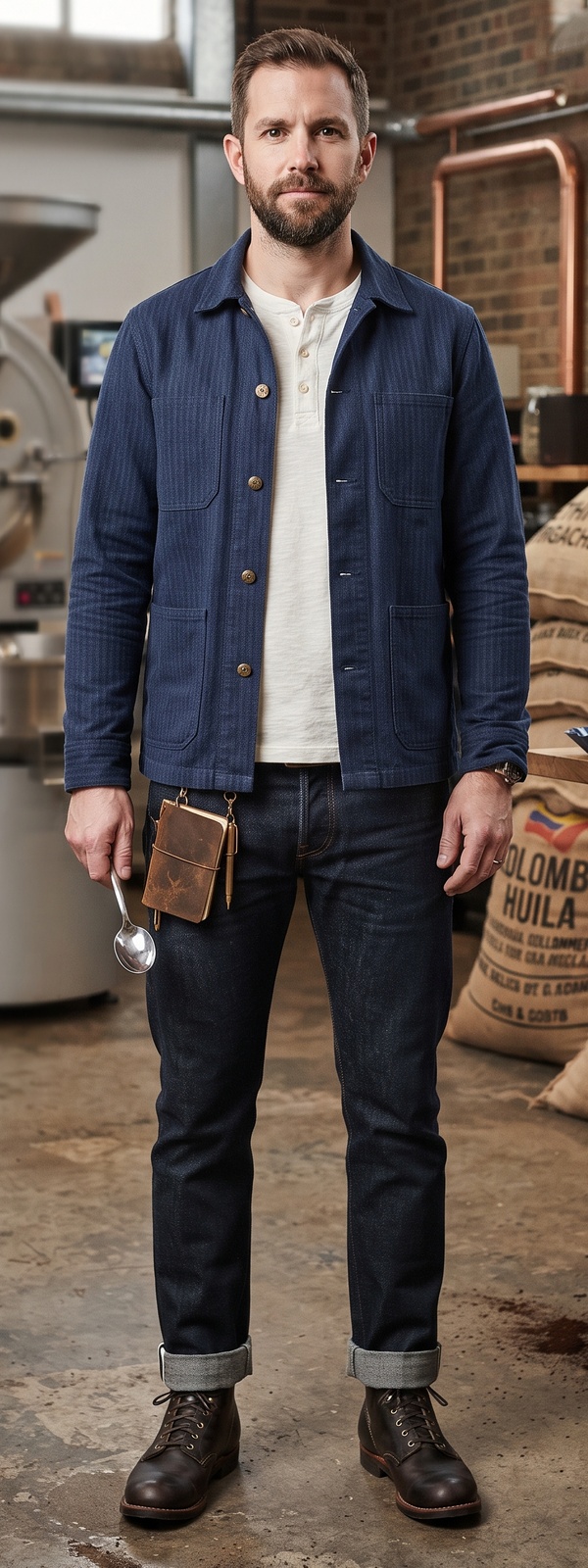 Blue Herringbone Chore Coat and Selvedge Jeans Coffee Roastery Look
