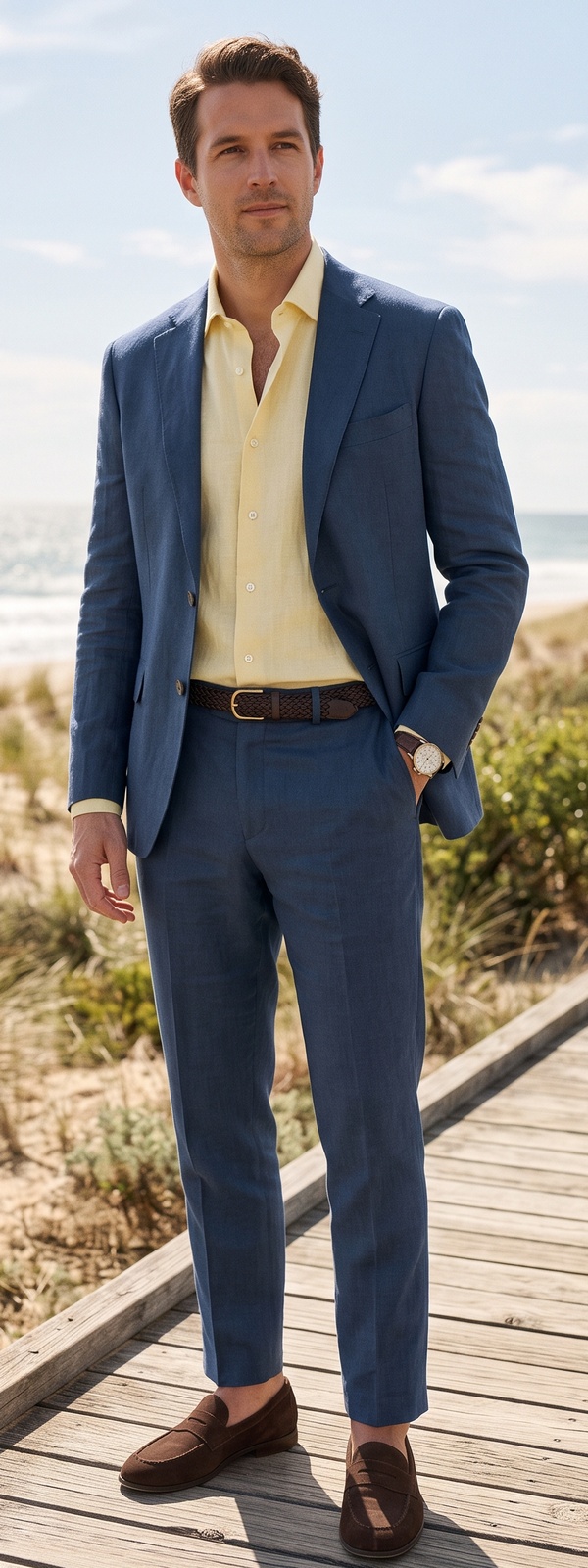 Coastal Resort Blue Linen 2-Piece Suit with Pastel Yellow Shirt Look