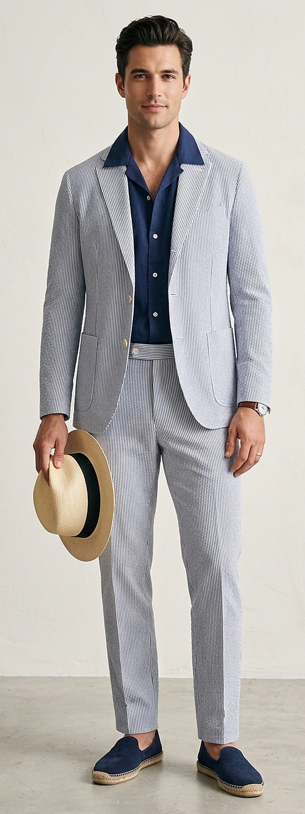 French Riviera Blue Seersucker Suit with Navy Camp Collar Shirt and Espadrilles