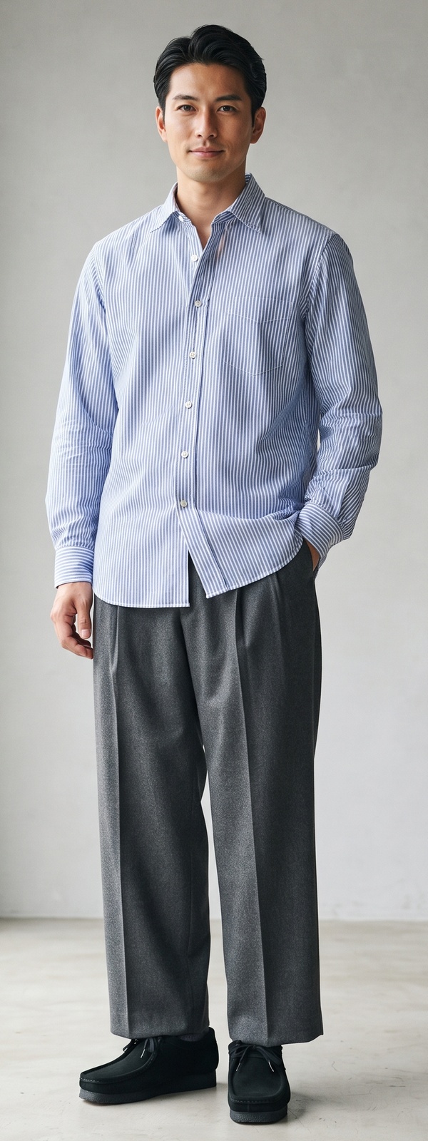Blue and White Striped Poplin Shirt with Wide Leg Charcoal Wool Pants