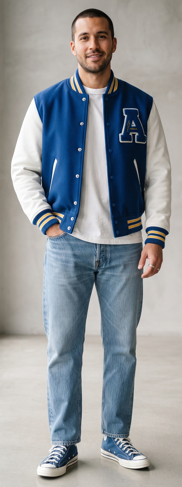 Royal Blue and White Leather-Sleeve Varsity Jacket With Light-Wash Jeans and Canvas High-Tops