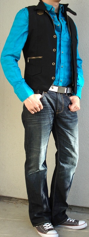 Bold Casual Streetwear Look with Aqua Blue Shirt and Black Vest