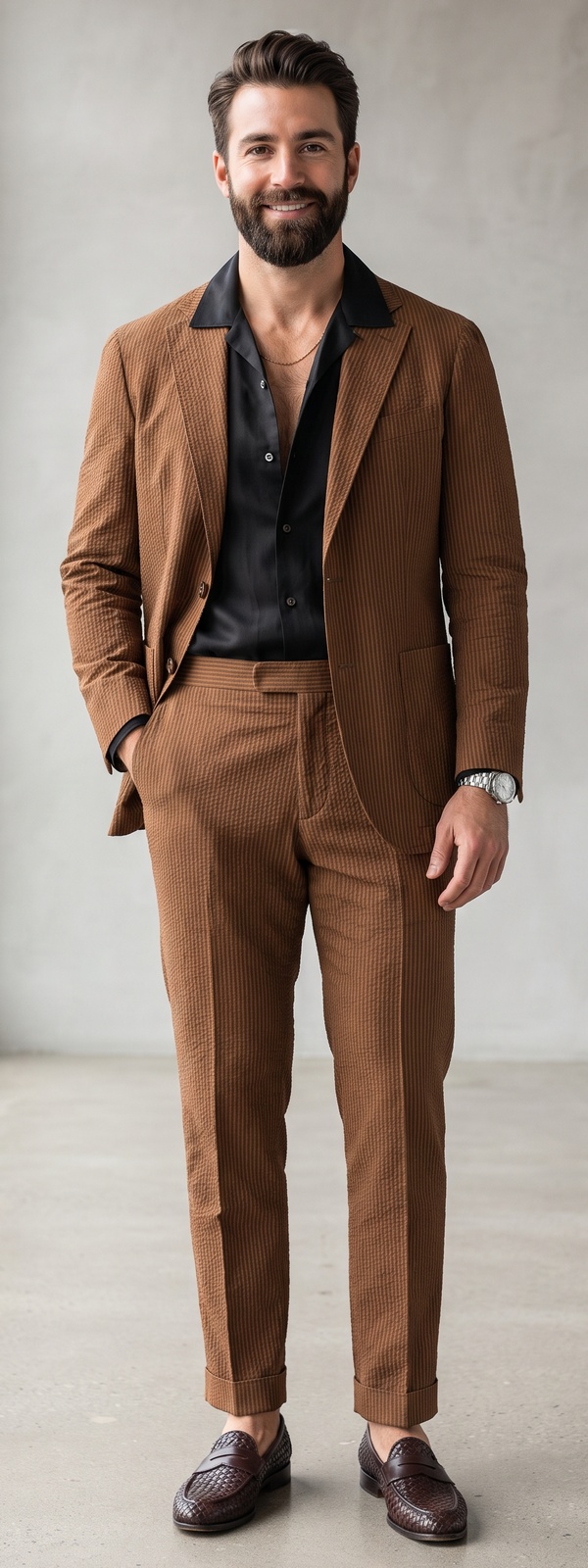 Bold Cognac Seersucker Suit with Black Silk Shirt and Woven Loafers