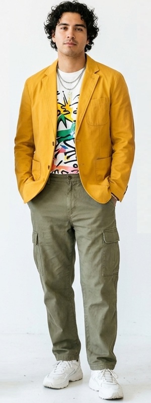Bold Creative Streetwear Layering with Mustard Yellow Blazer and Olive Cargo Pants