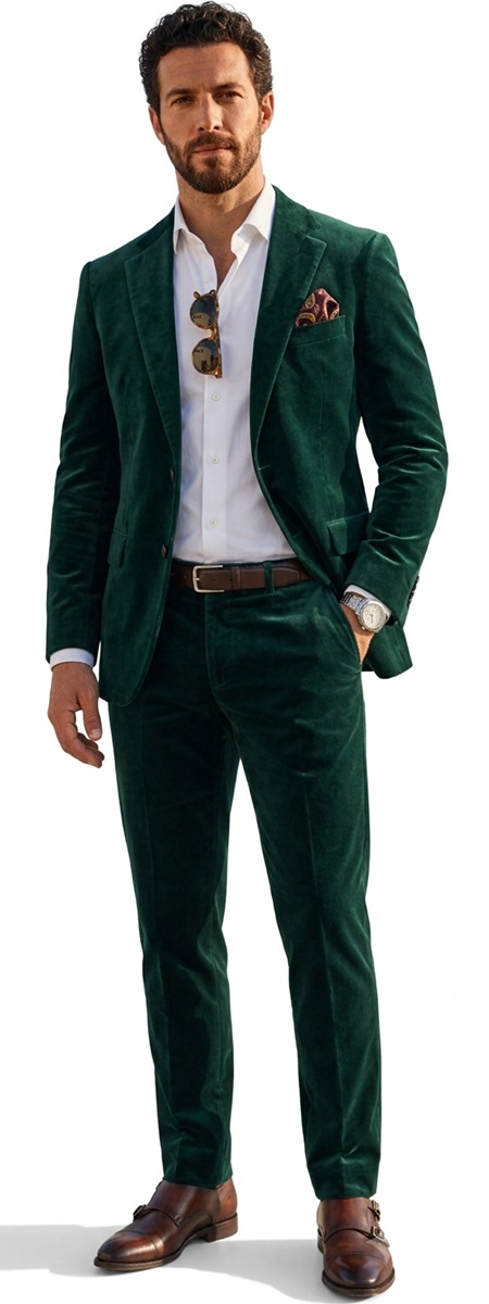 Bold Emerald Green Velvet Suit and Leather Monk Straps