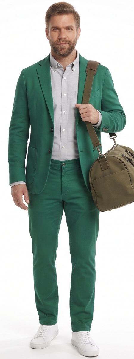 Bold Green Smart Casual Suit with Grey Button Down Shirt and Travel Duffle Bag