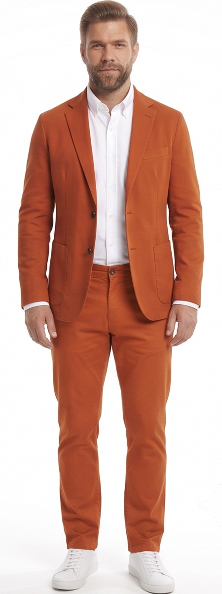 Bold Orange Smart Casual Suit with White Button Down Shirt and Minimalist Sneakers