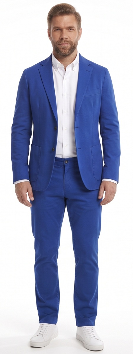 Bold Royal Blue Smart Casual Suit with White Button Down Shirt and Sneakers