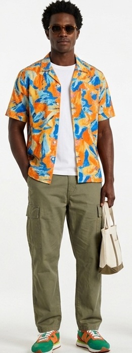 Bold Summer Streetwear with Colorful Hawaiian Shirt and Olive Cargo Pants