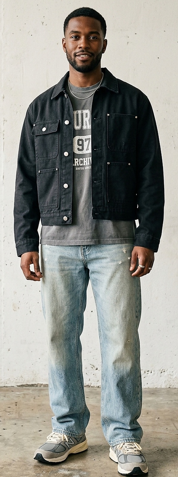 Modern Streetwear Washed Black Canvas Chore Jacket with Baggy Denim and Chunky Sneakers