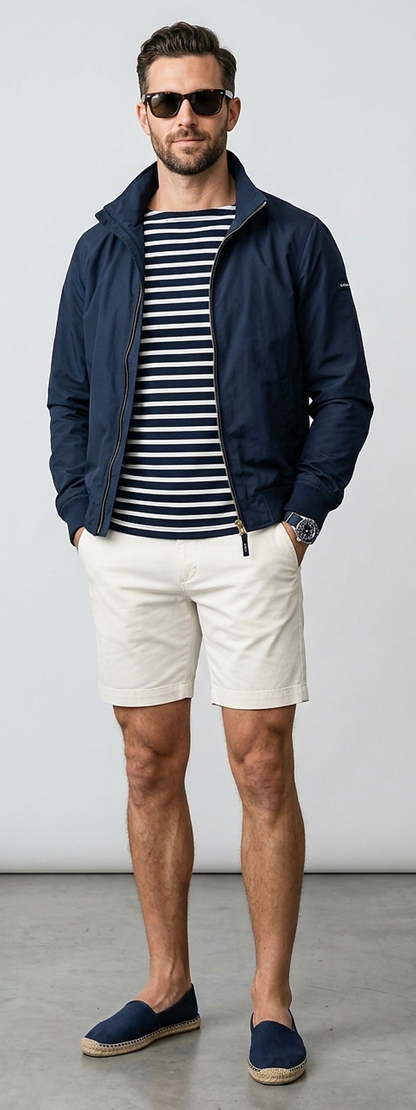 Nautical Breton Striped Long Sleeve Shirt with Sailing Windbreaker and White Chino Shorts
