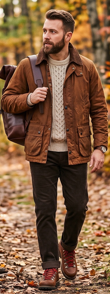British Country Heritage Tobacco Waxed Canvas Jacket with Oatmeal Cable Knit Sweater, Chocolate Corduroys, and Red Lace Hiking Boots Outfit