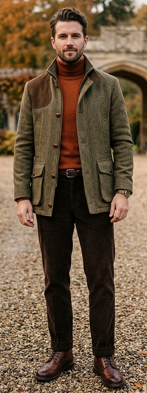 British Country Herringbone Tweed Field Jacket Rust Turtleneck and Corduroy Look