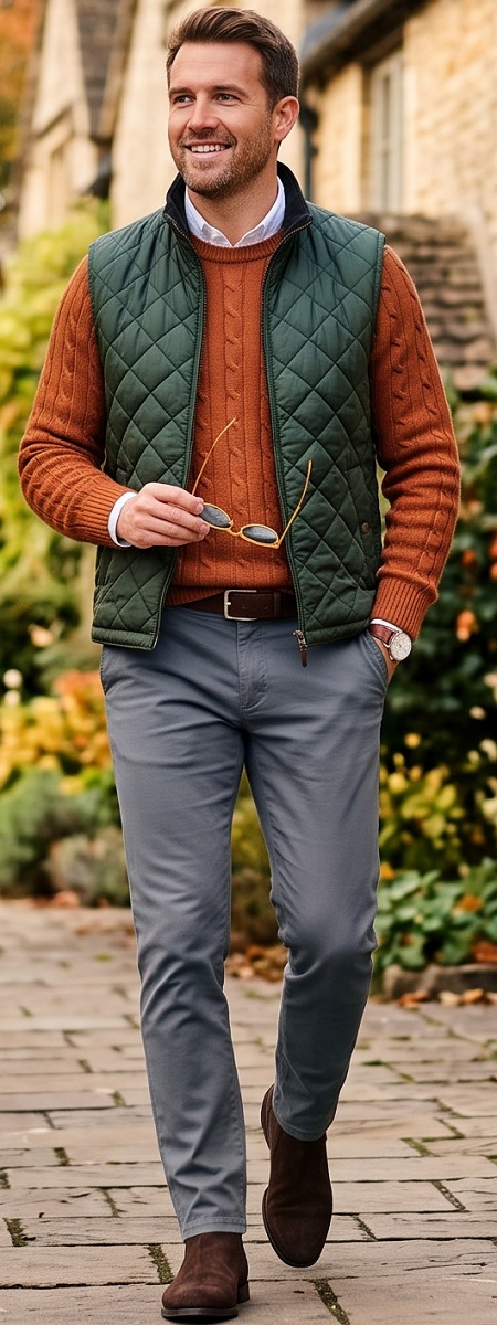 British Equestrian Country Hunter Green Quilted Gilet with Rust Cable Knit Sweater, Grey Chinos, and Chelsea Boots Outfit