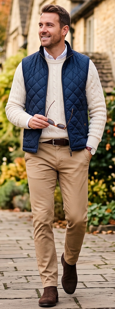 British Equestrian Country Navy Quilted Gilet with Cream Cable Knit Sweater, Khaki Chinos, and Suede Chelsea Boots Outfit