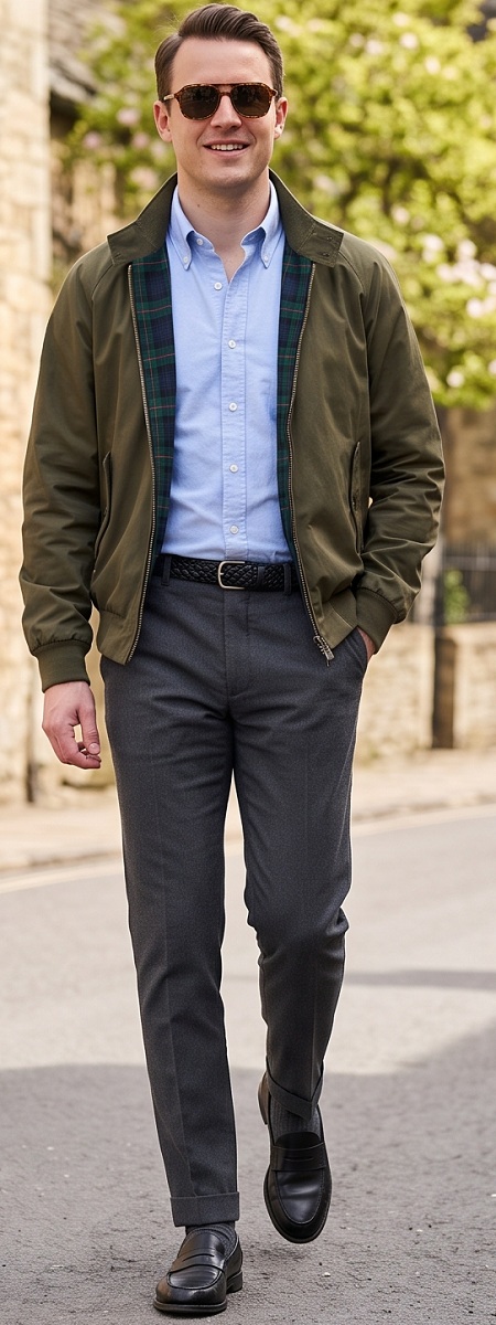British Heritage Olive Harrington Jacket with Sky Blue Oxford Shirt, Charcoal Trousers, and Black Penny Loafers Outfit