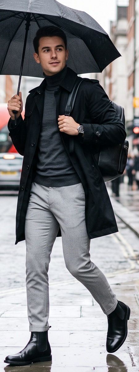 British Modern Commuter Black Trench Coat with Charcoal Turtleneck, Light Grey Trousers, and Leather Chelsea Boots Outfit
