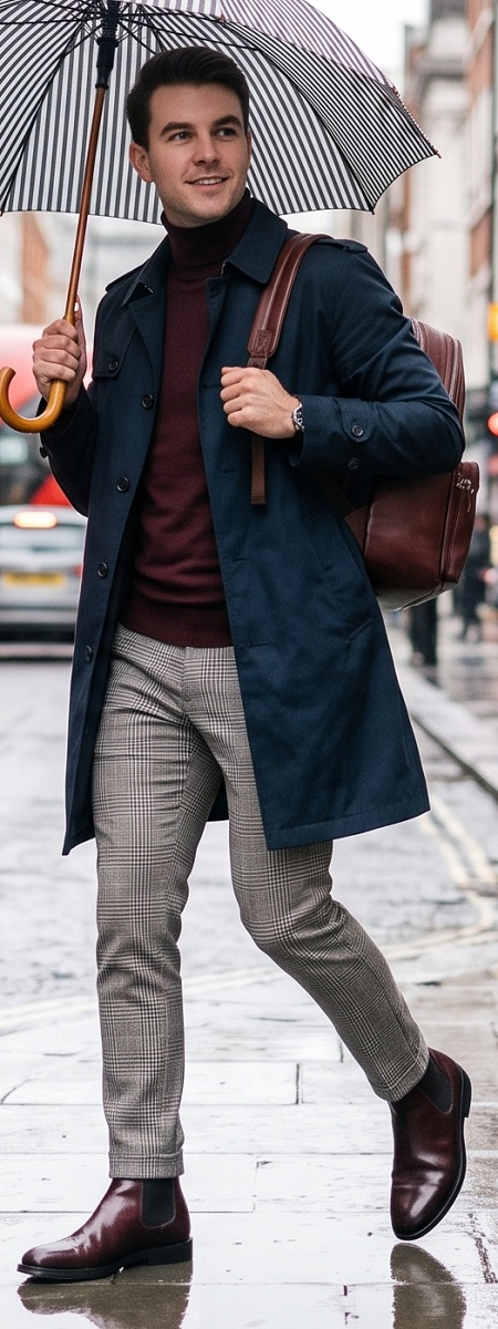 British Modern Commuter Navy Trench Coat with Burgundy Turtleneck Sweater, Grey Plaid Trousers, and Oxblood Chelsea Boots Outfit