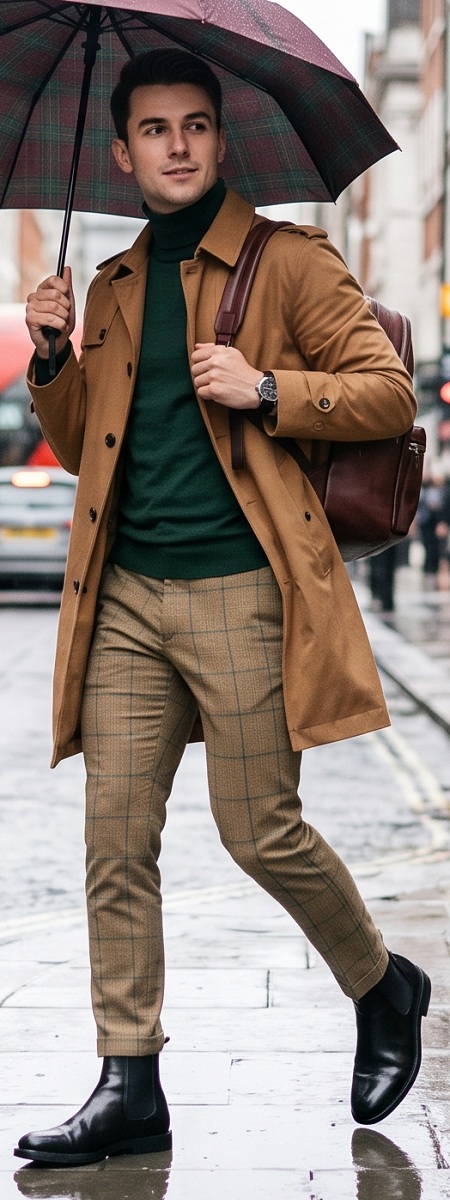 British Tailored Camel Trench Coat with Emerald Green Turtleneck, Windowpane Trousers, and Black Chelsea Boots Outfit