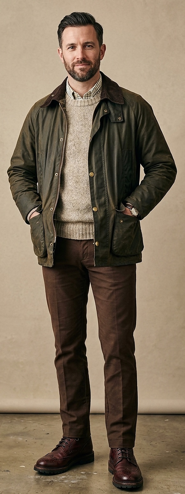 British Country Olive Waxed Field Jacket with Oatmeal Cable Knit and Commando Brogue Boots