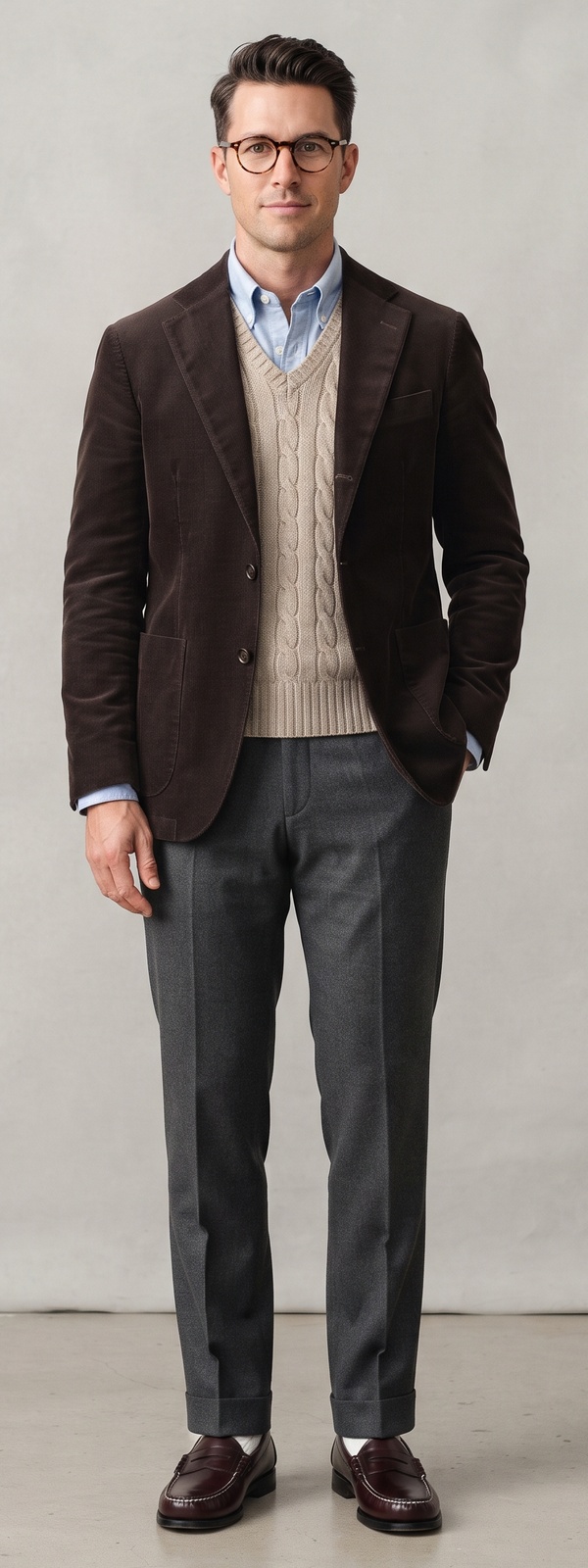 Brown Corduroy Blazer Oatmeal Cable Vest and Charcoal Flannel Pants Look