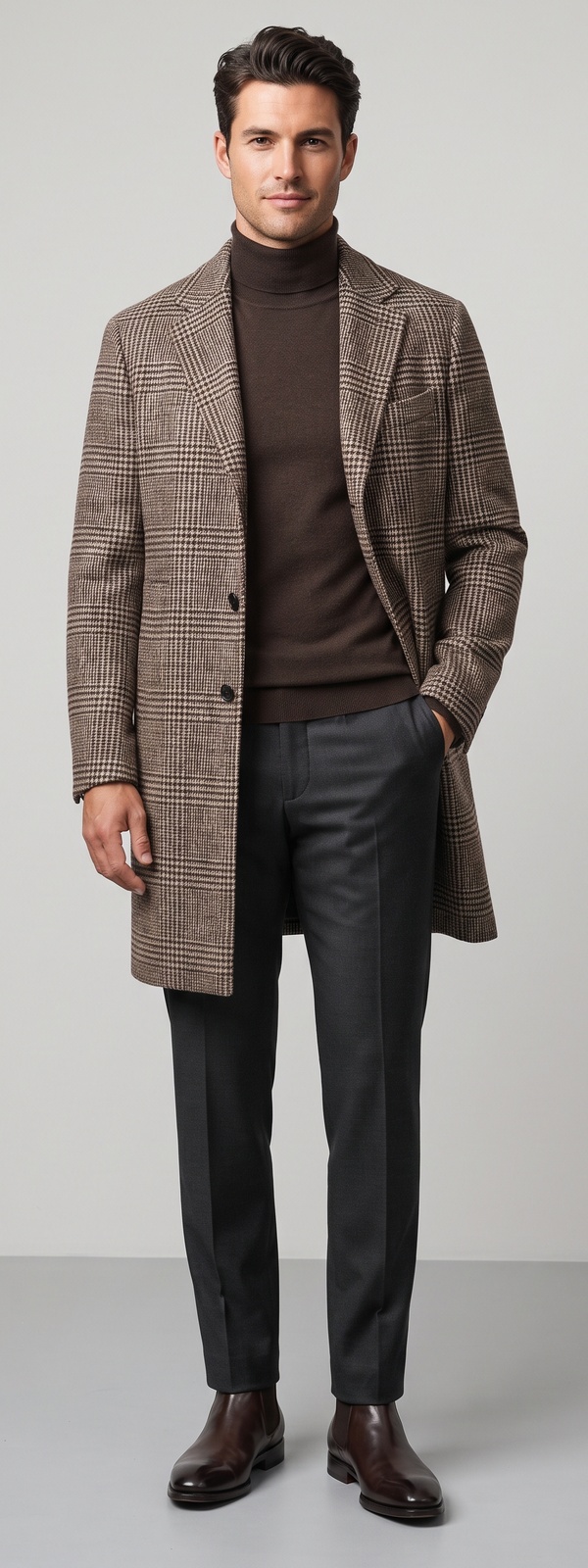 Brown Glen Plaid Overcoat Brown Turtleneck and Charcoal Dress Pants Look