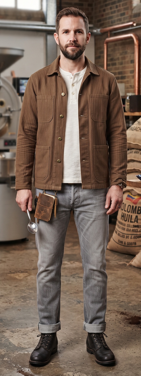 Brown Herringbone Chore Coat and Grey Jeans Coffee Artisan Look