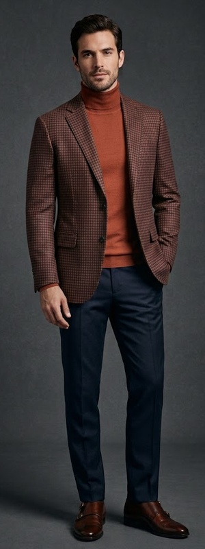 Smart Casual Brown Houndstooth Blazer with Rust Turtleneck and Navy Pants Look