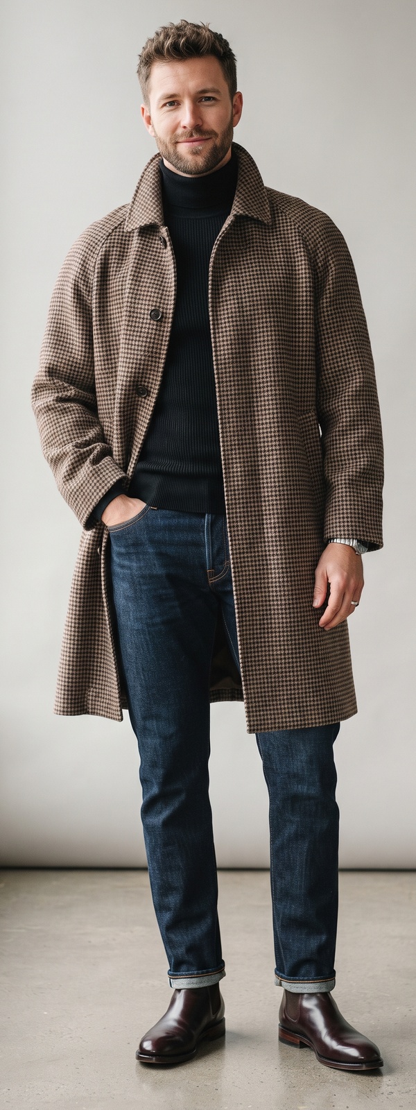 Brown Houndstooth Wool Overcoat With Black Turtleneck and Dark Selvedge Jeans