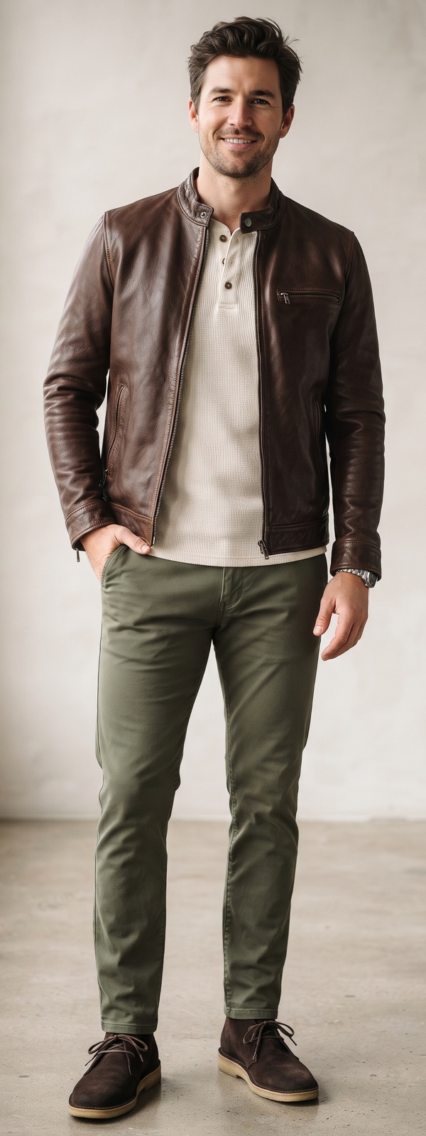 Brown Leather Cafe Racer Jacket with Henley and Olive Chino Pants