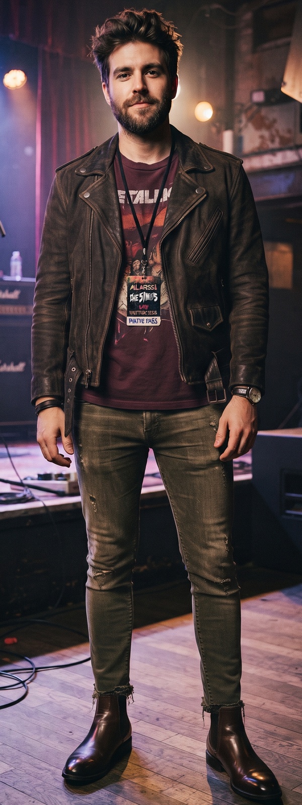 Brown Leather Moto Jacket and Burgundy Band Tee Live Music Look