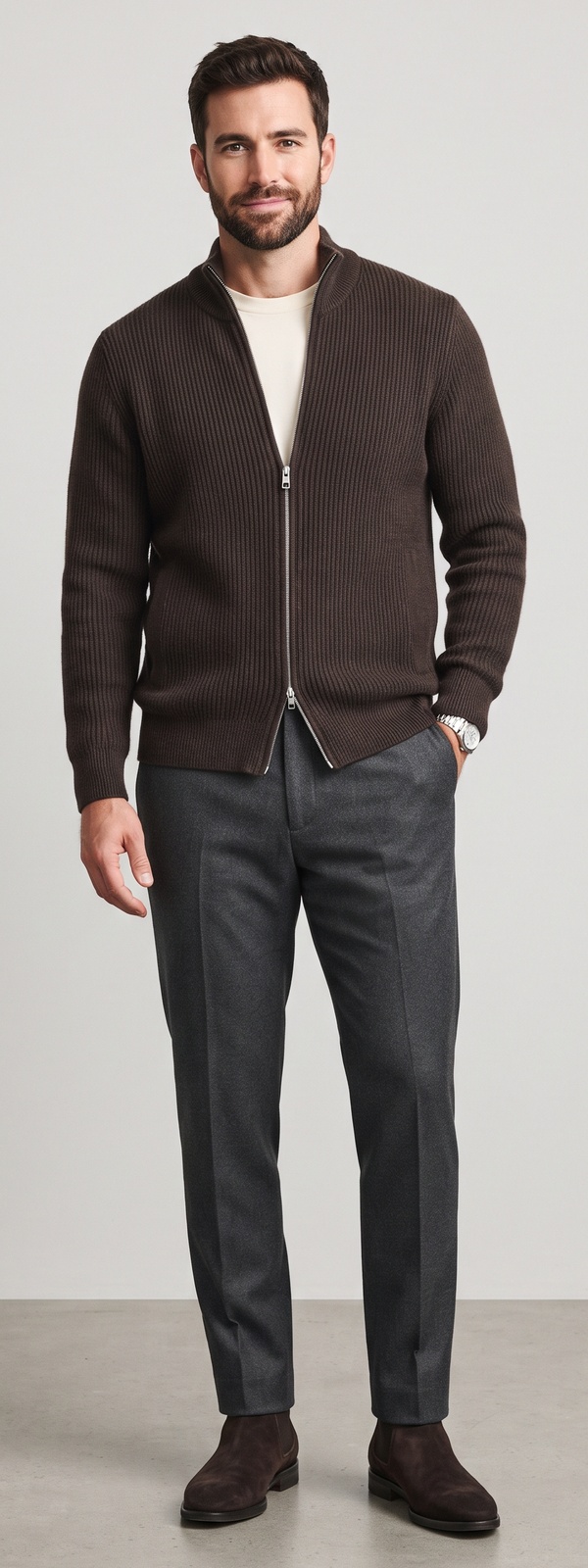 Brown Ribbed Knit Zip Cardigan with Charcoal Trousers and Suede Chelseas