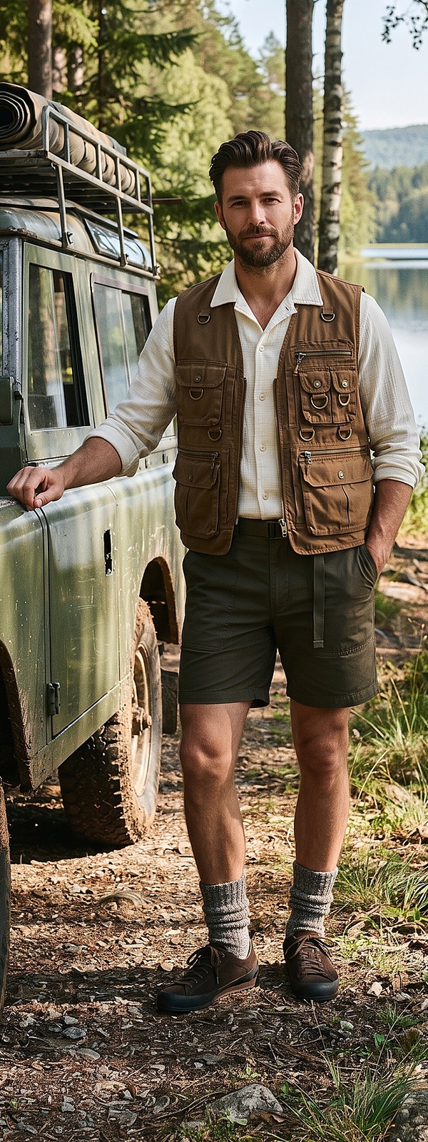 Rugged Brown Safari Vest and Olive Shorts Wilderness Outfit