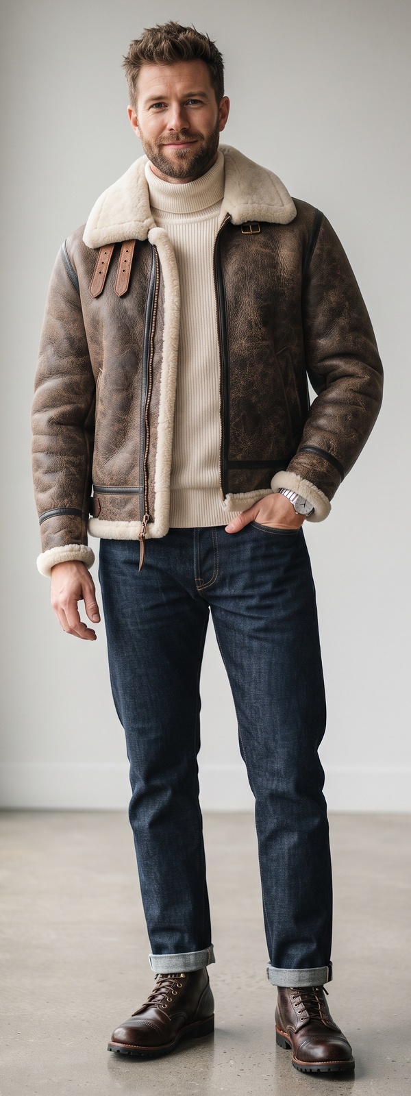 Distressed Brown Shearling Bomber Jacket Over Cream Ribbed Turtleneck and Cuffed Selvedge Jeans