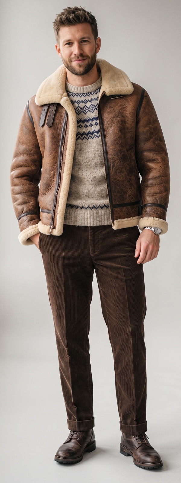 Brown Leather Shearling Bomber Jacket With Fair Isle Sweater and Corduroy Pants