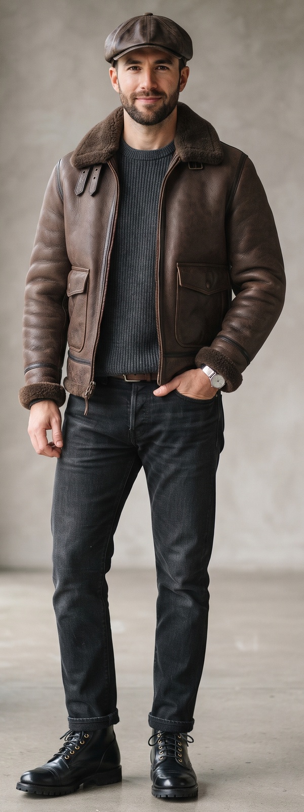Brown Shearling Bomber Jacket with Ribbed Sweater and Washed Black Jeans