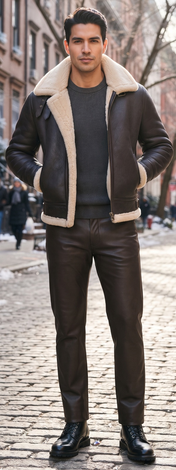 Dark Brown Shearling Bomber Jacket with Sweater and Leather Pants