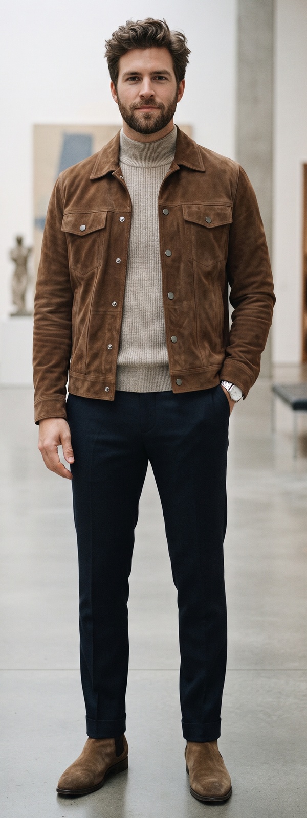 Sleek Brown Suede Trucker Jacket and Ribbed Turtleneck Gallery Look