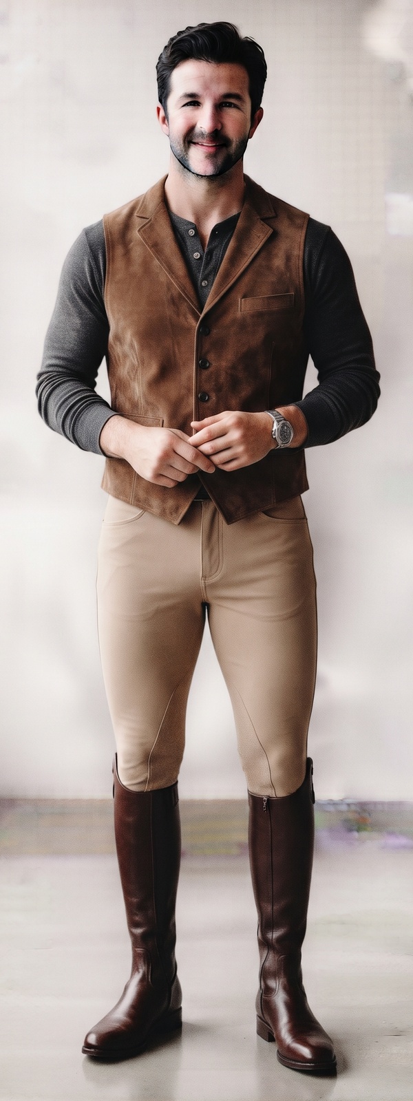 Brown Suede Vest with Charcoal Henley and Tall Equestrian Riding Boots